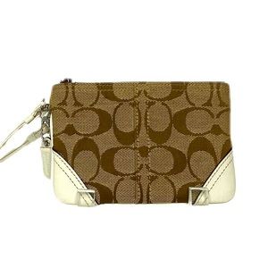 COACH Y2K Signature Logo C Tan & White Leather Mini Wristlet